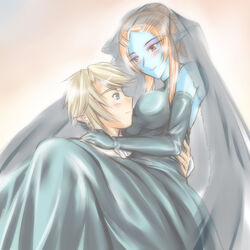  1boy black_dress blue_eyes blue_skin blush colored_skin couple dark_bride dress elbow_gloves female gloves good_end link microspace midna midna_(true) pointy_ears spoilers straight the_legend_of_zelda the_legend_of_zelda:_twilight_princess wedding wedding_dress 