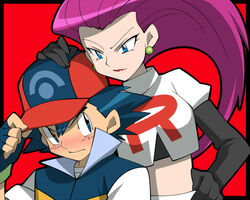  1boy age_difference amada baseball_cap big_hair blush commentary_request couple female fingerless_gloves frown gloves hair_slicked_back hat jessie_(pokemon) looking_at_another onee-shota pokemon pokemon_(anime) pokemon_dppt_(anime) satoshi_(pokemon) straight team_rocket team_rocket_uniform 