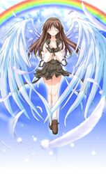  angel_wings artist_request brown_hair closed_eyes feathered_wings feathers female hizuki_ayaka memories_off memories_off_1 rainbow school_uniform serafuku solo wings 