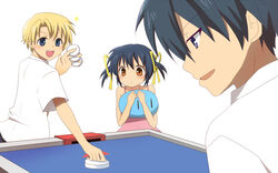  2boys :d air_hockey air_hockey_mallet air_hockey_puck air_hockey_table black_hair blue_eyes clannad clenched_hand commentary_request dango_daikazoku female holding looking_at_viewer multiple_boys okazaki_tomoya open_mouth red_eyes ryokka school_uniform shirt simple_background smile sunohara_mei sunohara_youhei t-shirt twintails white_background 