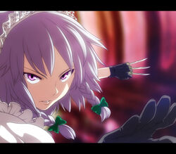  anime_coloring between_fingers braid commentary_request female fighting_stance gloves hands holding izayoi_sakuya knife letterboxed light_purple_hair maid maid_headdress nazo_kichi photoshop_(medium) pink_eyes serious short_hair solo touhou tsurime twin_braids 