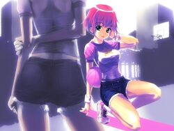  :p arms_behind_back ball basketball basketball_(object) female komorebi_no_namikimichi shoes short_hair shorts sneakers squatting tight_clothes tongue tongue_out wristband yukizakura_momiji yuuki_mitsuru 