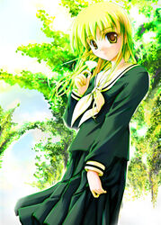  blonde_hair female flower ginkgo_leaf leaf lillian_girls&#039;_academy_school_uniform maria-sama_ga_miteru onsokuzekuu photoshop_(medium) school_uniform serafuku smile solo sunlight toudou_shimako tree yellow_eyes 