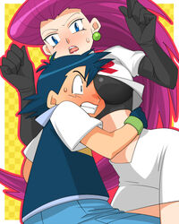  1boy age_difference amada between_breasts big_hair blue_hair blush breasts commentary_request elbow_gloves female gloves hair_slicked_back head_between_breasts hug jessie_(pokemon) large_breasts long_hair no_headwear onee-shota open_mouth pokemon pokemon_(anime) purple_hair satoshi_(pokemon) straight sweatdrop team_rocket team_rocket_uniform 