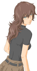  belt black_shirt brown_hair commentary_request female from_behind glasses gundam gundam_00 isomine long_hair looking_at_viewer looking_back md5_mismatch pants rimless_eyewear shirin_bakhtiar shirt short_sleeves simple_background solo t-shirt white_background 