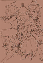  4girls bakayanagi brown_background brown_theme layla_prismriver lunasa_prismriver lyrica_prismriver merlin_prismriver merupo monochrome multiple_girls sketch touhou traditional_media 