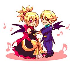  1boy blonde_hair blush bow disgaea dress female formal lowres makai_senki_disgaea_2 pointy_ears rozalin shoes smile suit tink_(disgaea) tsuyuka_(sunny_spot) wings 