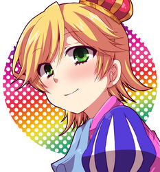  1boy bad_id bad_pixiv_id blonde_hair blush crown futaba_841 green_eyes male_focus oj_tsuyoshi otoko_no_ko polka_dot pop&#039;n_music short_hair smile solo tsuyoshi 