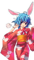  ahoge animal_ears blue_hair bracelet bunny_(trickster) female japanese_clothes jewelry kimono lowres rabbit_ears solo trickster_(ntreev_soft) yukata 