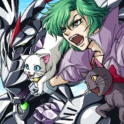  1boy commentary_request cybuster feline gloves green_eyes green_hair izumo_(pixiv362913) kuro_(srw) lowres male_focus masaki_andoh mecha oekaki open_mouth robot shiro_(srw) short_hair super_robot_wars super_robot_wars_the_lord_of_elemental 