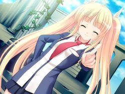  alfhild_tranen blonde_hair closed_eyes column dutch_angle female game_cg imageboard_desourced jpeg_artifacts long_hair narumi_suzune non-web_source pillar pointing prawf_clwyd school_uniform solo souryuu_(double_dragon) twintails 