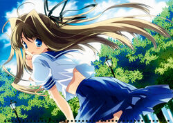  absurdres blonde_hair blue_eyes female highres looking_back naruse_hirofumi school_uniform solo sunshine_creation sunshine_creation_10th_anniversary_2009_calendar tree 