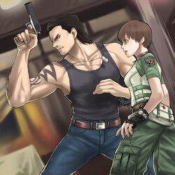  1boy bad_id bad_pixiv_id billy_coen brown_hair coco_(nattou) dog_tags female fingerless_gloves gloves gun handgun petite rebecca_chambers resident_evil resident_evil_0 short_hair tattoo weapon 