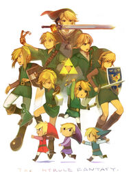  6+boys aged_up bad_id bad_pixiv_id blonde_hair blue_eyes blue_headwear blue_tunic boomerang boots brown_footwear closed_mouth dual_wielding english_text everyone ezlo glint green_tunic hat holding holding_shield holding_slingshot holding_sword holding_weapon left-handed link lolicon male_focus master_sword multiple_boys multiple_persona open_mouth pointy_ears purple_headwear purple_tunic red_headwear red_tunic shield short_hair simple_background slingshot_(weapon) sword the_legend_of_zelda the_legend_of_zelda:_a_link_to_the_past the_legend_of_zelda:_four_swords the_legend_of_zelda:_ocarina_of_time the_legend_of_zelda:_the_minish_cap the_legend_of_zelda:_twilight_princess time_paradox toon_link triforce tunic uichi weapon white_background young_link 