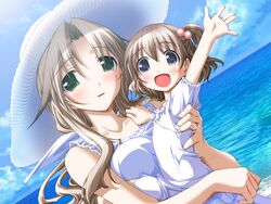  2girls ashita_no_kimi_to_au_tame_ni beach blush carrying child_carry cloud day dress game_cg hair_bobbles hair_ornament happy hat kurashima_tomoyasu lolicon mother_and_daughter motherly multiple_girls ocean open_mouth outdoors side_ponytail sky sun_hat sundress waving yuugiri_ruriko 