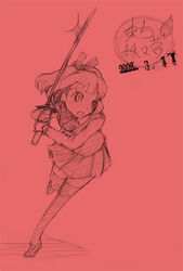  bakayanagi female konpaku_youmu monochrome red_background red_theme sketch solo sword thighhighs touhou traditional_media weapon zettai_ryouiki 