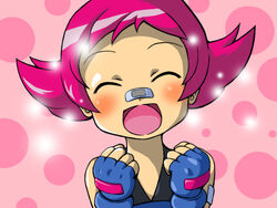  bandaid closed_eyes commentary_request female gloves maylene_(pokemon) photoshop_(medium) pink_hair pokemon pokemon_dppt short_hair smile soboro_(jitome_dan) solo 