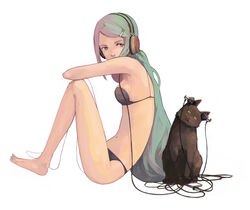  alternate_hairstyle barefoot commentary_request feline female food-themed_clothes green_hair guitar_(guitars) hair_ornament hairclip hatsune_miku head_tilt headphones long_hair photoshop_(medium) sitting solo spring_onion vocaloid 