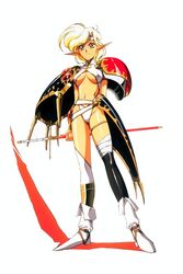  1990s_(style) armor breasts female highres langrisser langrisser_ii medium_breasts navel pointy_ears retro_artstyle revealing_clothes smile solo sonia_(langrisser) sword thighhighs underboob urushihara_satoshi weapon 