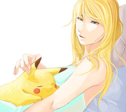  bad_id bad_pixiv_id blonde_hair blue_eyes female long_hair metroid photoshop_(medium) pikachu pokemon pokemon_(creature) rike_(pixiv) samus_aran sleeping super_smash_bros. 