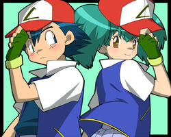  1boy adjusting_clothes adjusting_headwear amada ash_ketchum_(cosplay) baseball_cap commentary_request cosplay couple duplica_(pokemon) female fingerless_gloves gloves green_hair hat looking_at_another pokemon pokemon_(anime) pokemon_(classic_anime) satoshi_(pokemon) straight 