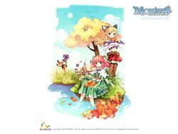  2boys 4girls animal_ears artist_request autumn barefoot blonde_hair box buffalo_(trickster) cat_(trickster) cat_ears character_request dress fingerless_gloves fox_(trickster) fox_ears fox_tail gloves horns in_tree leaf lion_(trickster) midriff multiple_boys multiple_girls photoshop_(medium) pink_hair purple_hair raccoon_(trickster) ribbon sheep_(trickster) sitting sitting_in_tree skirt tail tent tree trickster_(ntreev_soft) water 