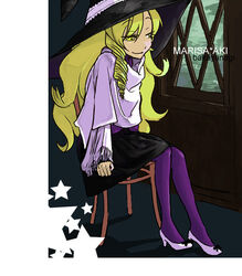  alternate_costume bakayanagi blonde_hair chair clenched_teeth contemporary female full_body hat high_heels kirisame_marisa long_hair pantyhose parted_lips sitting solo stool teeth touhou very_long_hair witch_hat 