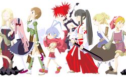  1boy 6+girls archer_(disgaea) artist_request bare_shoulders bat_wings belt black_hair blonde_hair blue_hair blush breasts brown_hair closed_eyes curly_hair demon_girl detached_sleeves disgaea dress drill_hair elbow_gloves etna_(disgaea) flat_chest gloves green_shirt hair_ornament hairband hat healer_(disgaea) japanese_clothes jewelry katana laharl long_hair mage_(disgaea) magic_knight_(disgaea) makai_senki_disgaea medium_breasts multiple_girls one_eye_closed open_mouth pantyhose pink_hair pointy_ears ponytail red_eyes red_hair red_shorts ronin_(disgaea) sandals scarf shirt shoes short_hair shorts skirt small_breasts smile sword tail thief_(disgaea) twintails very_long_hair weapon white_pantyhose wings 