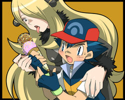  1boy age_difference amada baseball_cap commentary_request couple cynthia_(pokemon) female fingerless_gloves food gloves hair_over_one_eye hat ice_cream long_hair onee-shota pokemon pokemon_(anime) pokemon_dppt_(anime) satoshi_(pokemon) straight tongue tongue_out very_long_hair 