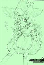  bakayanagi female green_background green_theme kirisame_marisa monochrome sketch solo thighhighs touhou traditional_media 