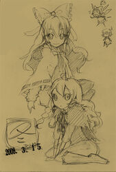  2girls ahoge bakayanagi bow hair_tubes hairbow hakurei_reimu kirisame_marisa monochrome multiple_girls photoshop_(medium) sketch smile touhou traditional_media yellow_background yellow_theme 