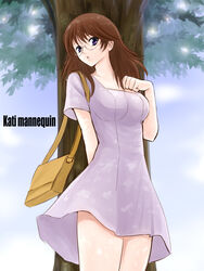  brown_hair commentary_request dress female glasses gundam gundam_00 kati_mannequin long_hair mole mole_under_mouth niwatori_kokezou photoshop_(medium) purple_eyes solo tree 