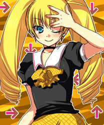  alternate_costume arrow_(symbol) beatmania_iidx blonde_hair blue_eyes choker dance_dance_revolution drill_hair female futaba_841 nail_polish one_eye_closed school_uniform serafuku solo twin_drills twintails yuni_(dance_dance_revolution) 