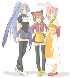  3girls alternate_costume animal_ears artist_request blue_eyes blue_hair brown_hair cat_ears estellise_sidos_heurassein estellise_sidos_heurassein_(gracious_waitress) green_eyes japanese_clothes judith_(glamorous_maid)_(tales) judith_(tales) kimono long_hair maid multiple_girls necktie official_alternate_costume pink_hair pointy_ears ponytail purple_eyes rabbit_ears rita_mordio rita_mordio_(catgirl_waitress) short_hair smile tales_of_(series) tales_of_vesperia thighhighs waitress 