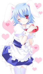  animal_ears bad_id bad_pixiv_id blue_hair bow bunny_(trickster) female heart lowres maid moru one_eye_closed rabbit_ears rabbit_tail red_eyes solo tail thighhighs trickster_(ntreev_soft) zettai_ryouiki 