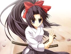  battoujutsu_stance black_eyes black_hair black_hakama bow female fighting_stance gift_(game) hairbow hakama hakama_skirt haori hokazono_rinka imageboard_desourced japanese_clothes katana long_hair mitha non-web_source ponytail ready_to_draw samurai skirt solo sword weapon 