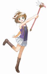  bad_id bad_pixiv_id bare_shoulders boots brown_hair cardcaptor_sakura cosplay female full_body fuuin_no_tsue green_eyes hair_bobbles hair_ornament kannagi kinomoto_sakura knee_boots magical_girl nagi_(kannagi) nagi_(kannagi)_(cosplay) nyama outstretched_arm pleated_skirt short_hair simple_background skirt solo standing standing_on_one_leg wand white_skirt 