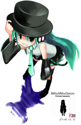  bad_id bad_pixiv_id female green_eyes green_hair hat hatsune_miku headphones highres jamiroquai kazuboh long_hair microphone necktie parody skirt solo thighhighs vocaloid zettai_ryouiki 