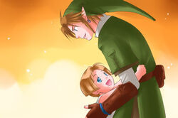  2boys artist_request blue_eyes brown_hair colin_(zelda) earrings gloves hug jewelry link multiple_boys pointy_ears smile the_legend_of_zelda the_legend_of_zelda:_twilight_princess 