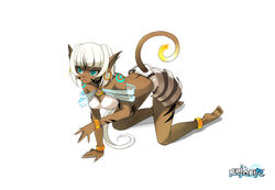  all_fours anklet aqua_eyes artist_request barefoot bracelet cat_(trickster) dark-skinned_female dark_skin earrings female jewelry pointy_ears solo tail trickster_(ntreev_soft) white_hair 