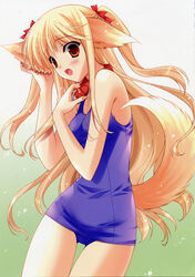  absurdres animal_ears blonde_hair blush collar dog_ears female hair_ribbon highres long_hair non-web_source oerba_yun_fang one-piece_swimsuit open_mouth red_eyes ribbon school_swimsuit solo suzuhira_hiro swimsuit tail thigh_gap touko_(wanko_to_lily) twintails very_long_hair wanko_to_lily 