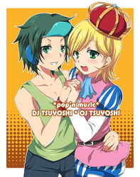  2boys bad_id bad_pixiv_id blonde_hair crown dj_tsuyoshi futaba_841 green_eyes green_hair hat holding_hands interlocked_fingers male_focus multiple_boys oj_tsuyoshi otoko_no_ko pop&#039;n_music short_hair smile tsuyoshi 