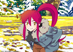  breasts casual commentary_request copyright_notice eyebrows_hidden_by_hair female fur_trim jacket long_hair official_art outdoors pants ponytail red_hair shibata_yuka smile solo tengen_toppa_gurren_lagann tree watermark yellow_eyes yoko_littner 