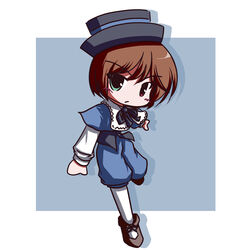  brown_hair chibi commentary_request female fictional_sister hat heterochromia kodona lolita_fashion pantyhose porkpie_hat rozen_maiden short_hair solo souseiseki 