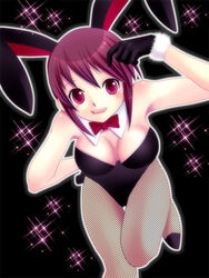  animal_ears breasts cleavage commentary_request female fishnet_pantyhose fishnets gloves hakkatou large_breasts original pantyhose playboy_bunny purple_eyes purple_hair rabbit_ears short_hair solo 