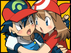  1boy :o amada bandana baseball_cap commentary_request couple eye_contact female fingerless_gloves gloves hat looking_at_another may_(pokemon) open_mouth poke_ball_print pokemon pokemon_(anime) pokemon_rse_(anime) satoshi_(pokemon) straight 