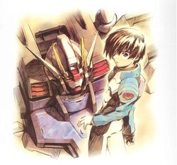  1boy aile_strike_gundam artist_request brown_hair gundam gundam_seed hair_over_one_eye highres kira_yamato male_focus mecha pilot_suit purple_eyes robot solo strike_gundam 