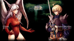  1boy ahoge akisawa_machi angel_wings armor blonde_hair commentary_request dissidia_final_fantasy fake_screenshot female final_fantasy final_fantasy_tactics grey_hair head_wings leotard long_hair nomura_tetsuya_(style) parody ramza_beoulve rapier red_eyes red_leotard short_hair spikes style_parody sword ultima_(fft) weapon wings 