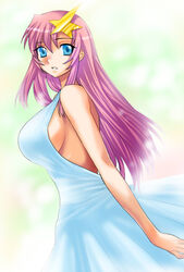  bad_id bad_pixiv_id blue_eyes breasts commentary_request dress female gundam gundam_seed gundam_seed_destiny hair_ornament huge_breasts long_hair meer_campbell pink_hair sideboob solo star_(symbol) star_hair_ornament tooru_jin 