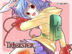  animal_ears backpack bag blue_hair boxing_gloves bunny_(trickster) female gloves headband photoshop_(medium) rabbit_ears red_eyes shirahane_nao skirt solo trickster_(ntreev_soft) 